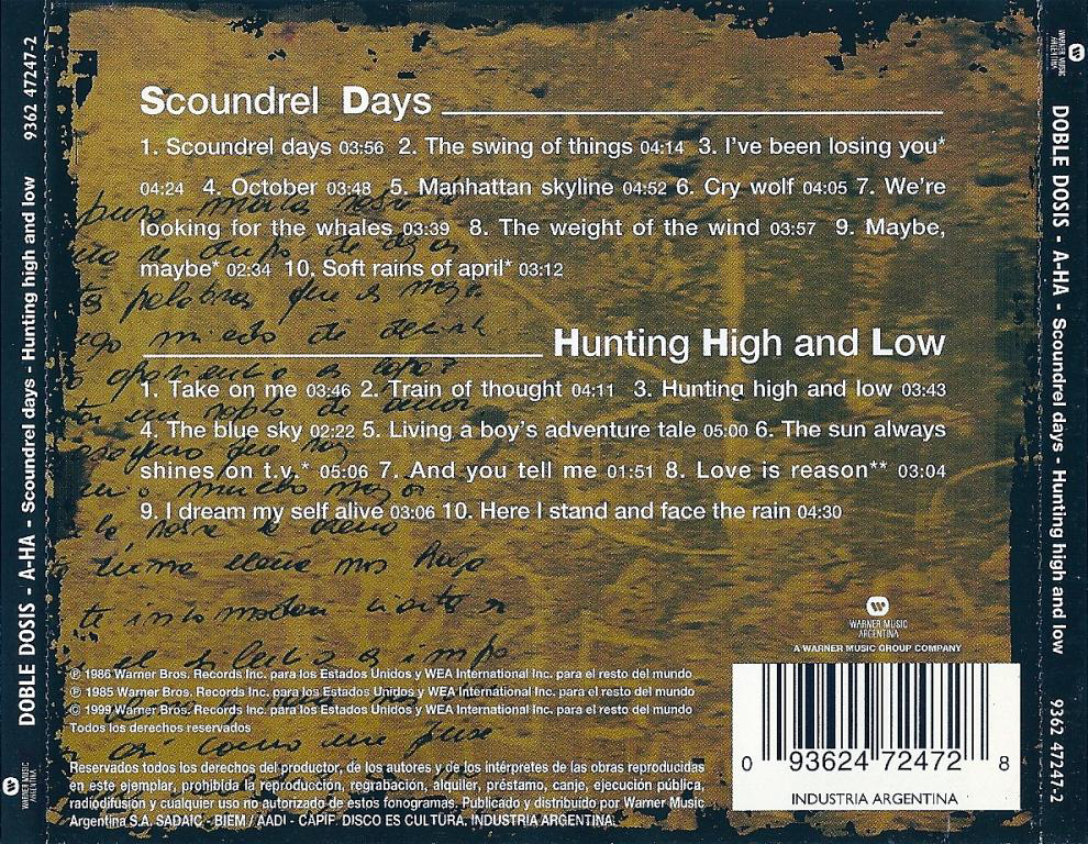 Doble Dois - Hunting High And Low / Scoundrel Days Argentina CD back sleeve - click to enlarge